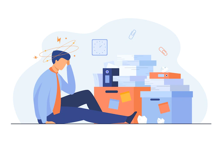 tired man sitting floor with paper document piles around flat illustration 74855 11145